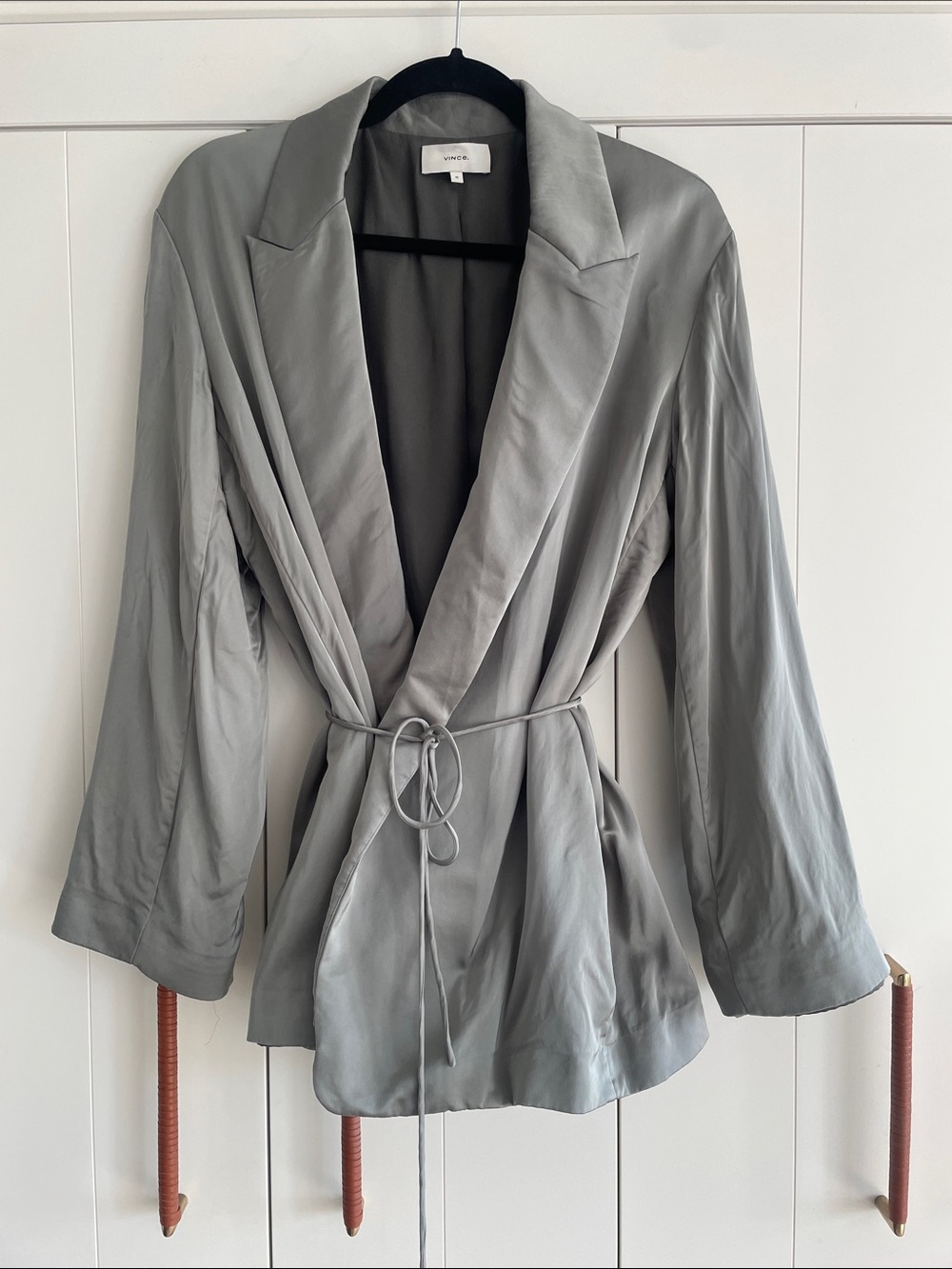 Vince Light Gray green Draped Belted Wrap Blazer sz 12